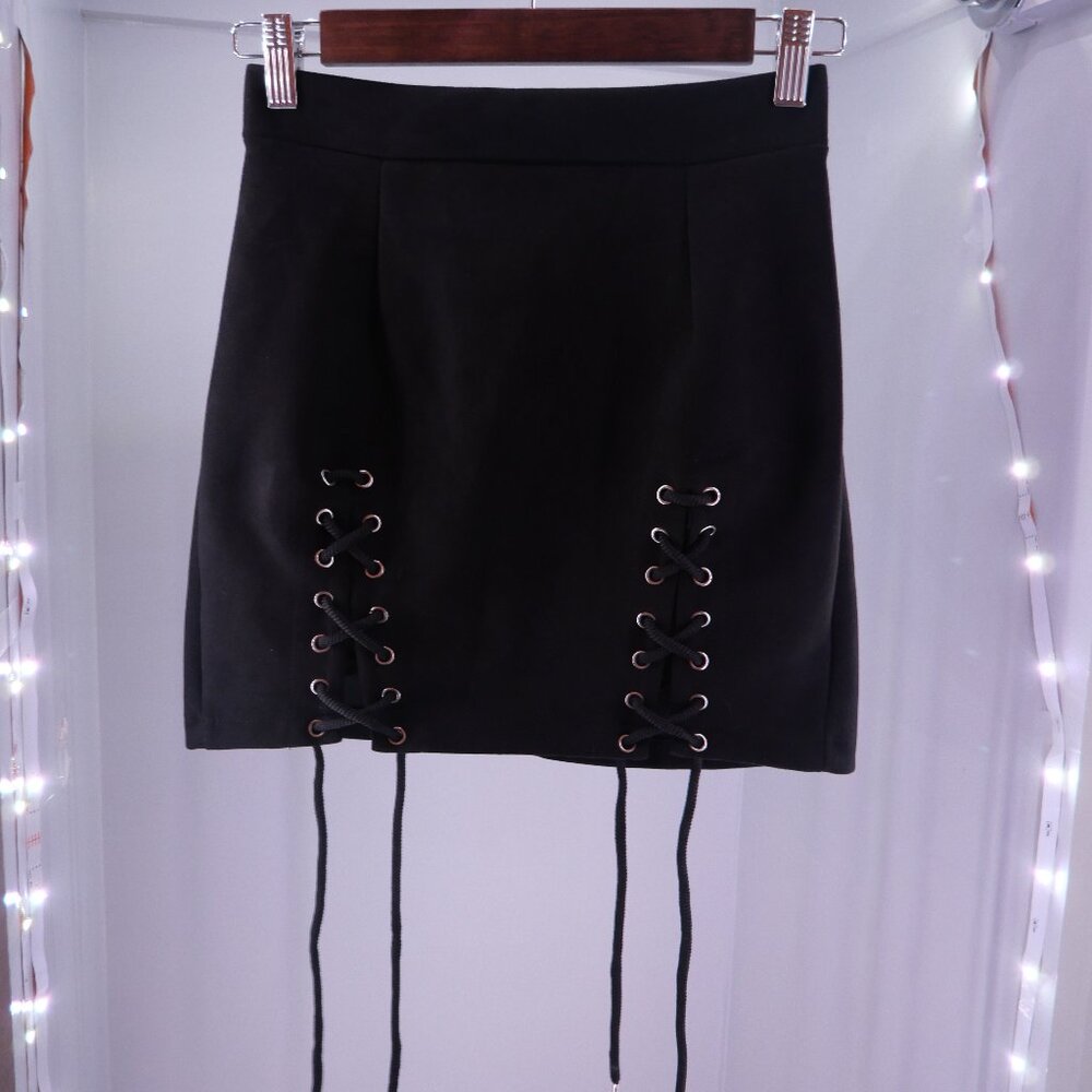 Black Lace Up Suede Skirt